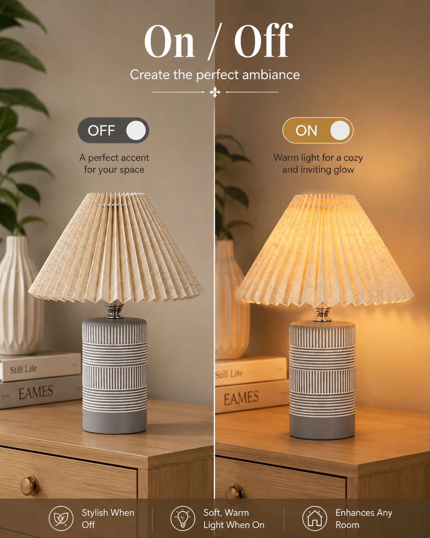Homesake® Artisan Grey Ribbed Ceramic Table Lamp with Fabric Shade | Decorative Bedside Nightstand Lamp for Bedroom, Living Room, Study & Home Office | Modern E27 Table Light