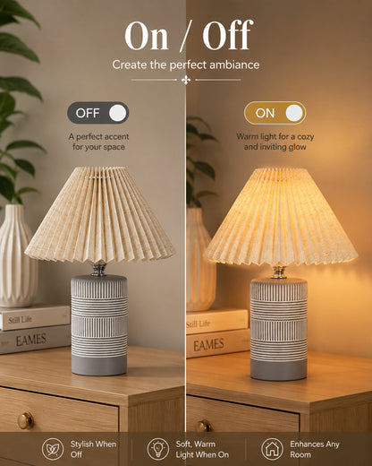 Homesake® Artisan Grey Ribbed Ceramic Table Lamp with Fabric Shade | Decorative Bedside Nightstand Lamp for Bedroom, Living Room, Study & Home Office | Modern E27 Table Light