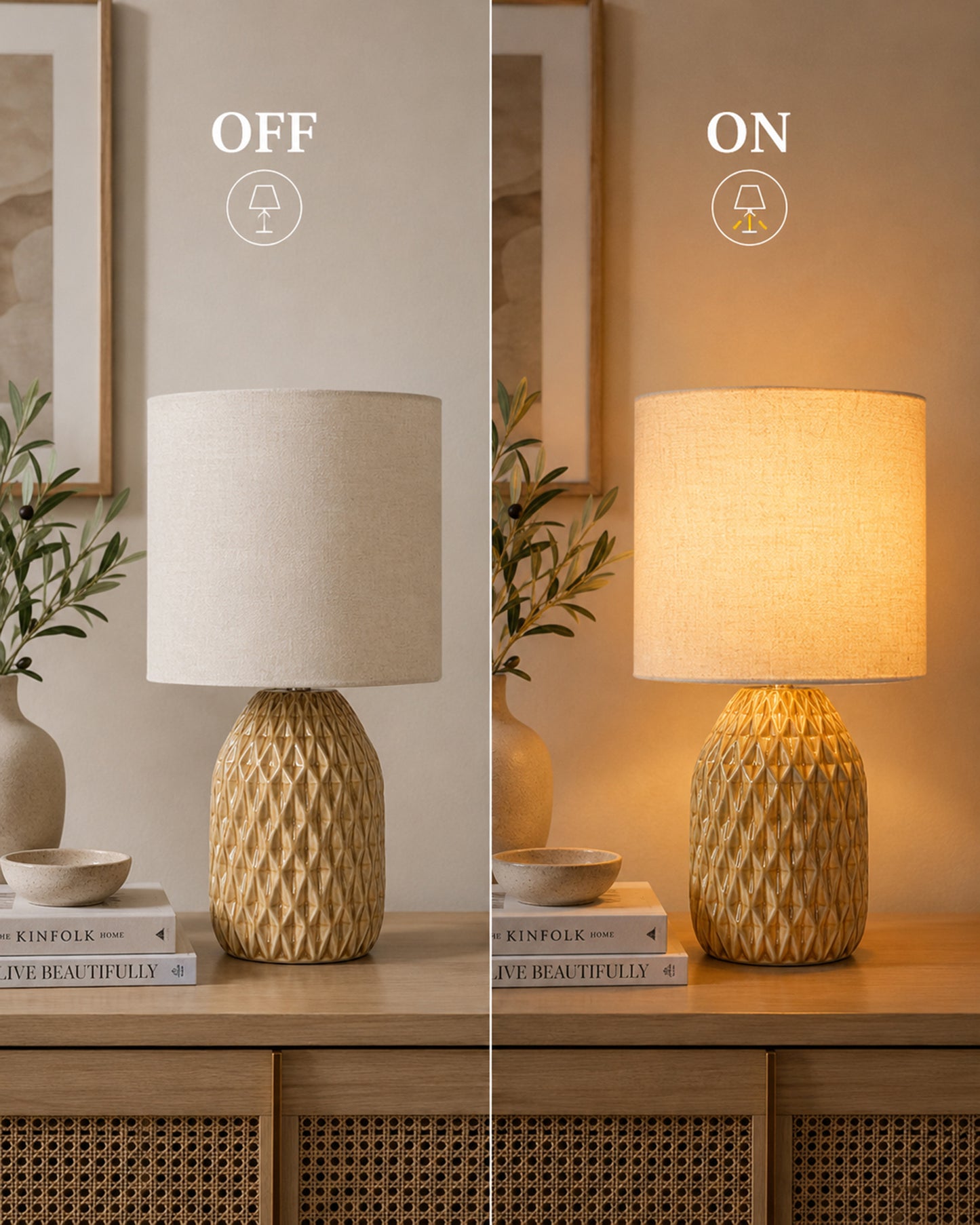 Homesake® Artisan Textured Ceramic Table Lamp with Fabric Shade, Brown Glossy Glazed Bedside Lamp, E27 Decorative Table Light for Bedroom, Living Room, Study, Home & Office