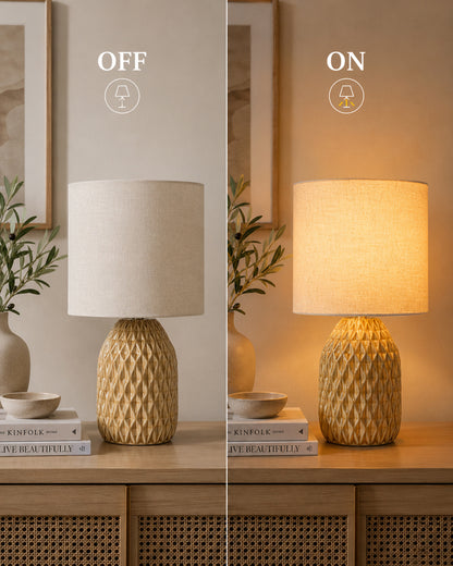 Homesake® Artisan Textured Ceramic Table Lamp with Fabric Shade, Brown Glossy Glazed Bedside Lamp, E27 Decorative Table Light for Bedroom, Living Room, Study, Home & Office