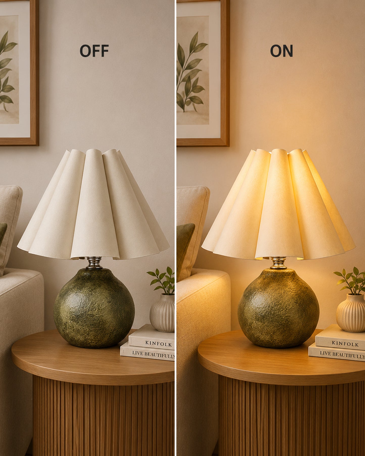 Homesake® Artisan Distressed Green Ceramic Table Lamp with Pleated Khadi Fabric Shade | Decorative Bedside Lamp for Bedroom, Living Room, Study | E27 Home Décor Light