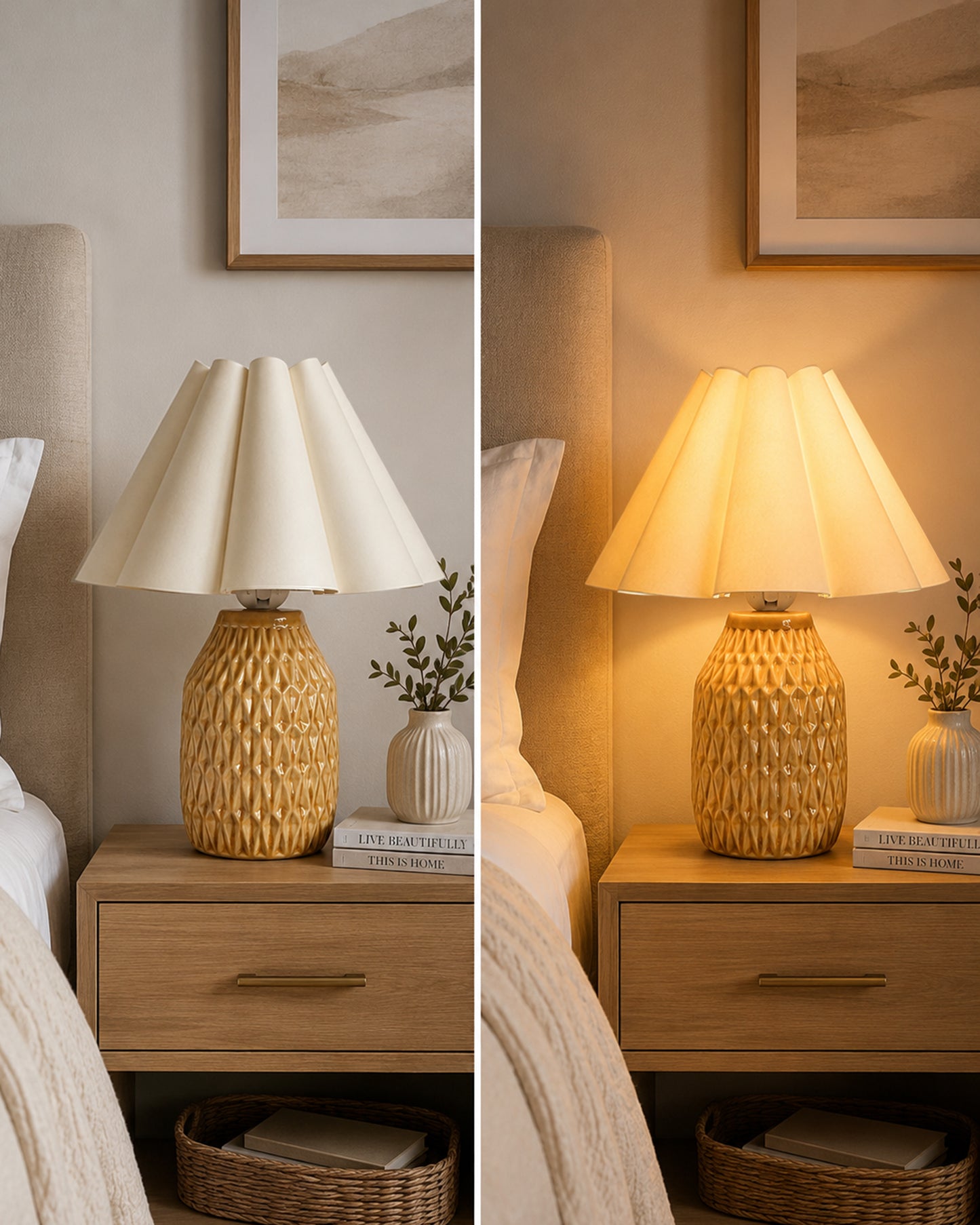 Homesake® Artisan Textured Ceramic Table Lamp with Fabric Shade, Brown Glossy Glazed Bedside Lamp, E27 Decorative Table Light for Bedroom, Living Room, Study, Home & Office