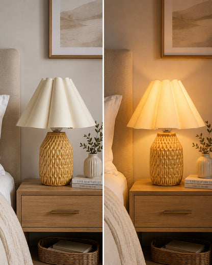 Homesake® Artisan Textured Ceramic Table Lamp with Fabric Shade, Brown Glossy Glazed Bedside Lamp, E27 Decorative Table Light for Bedroom, Living Room, Study, Home & Office