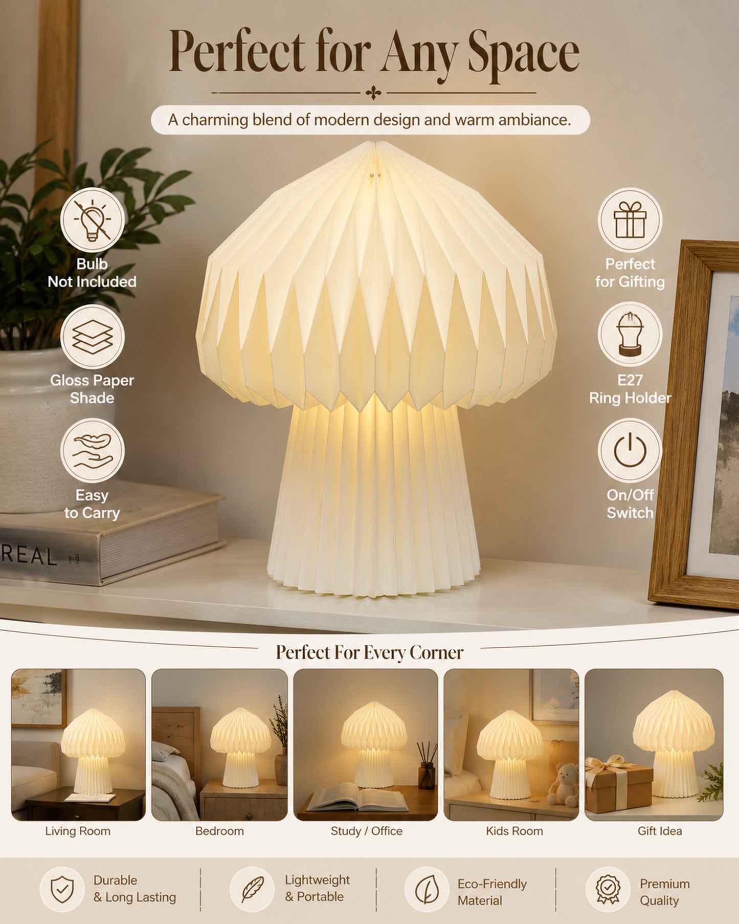Homesake® Modern Origami LED Table Lamp | Foldable Bedside Night Lamp with Warm White Light | Minimalist Japanese Desk Lamp for Bedroom, Living Room, Office & Home Décor