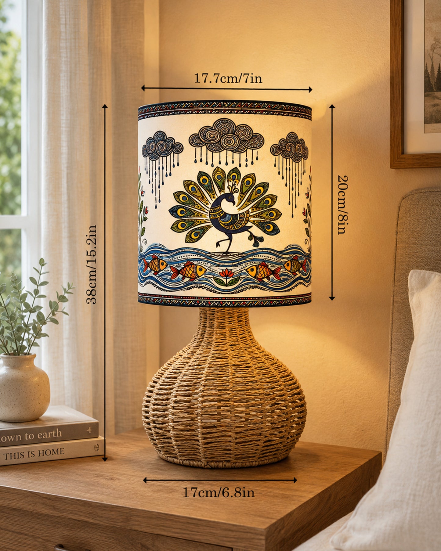 Homesake® Raffia Rattan Table Lamp, Small Nightstand Lamp with Linen Fabric Lampshade, Bedside Lamp for Bedroom, Living Room, Study & Livra Home Décor | Warm Ambient Lighting (Spinning, Jute)