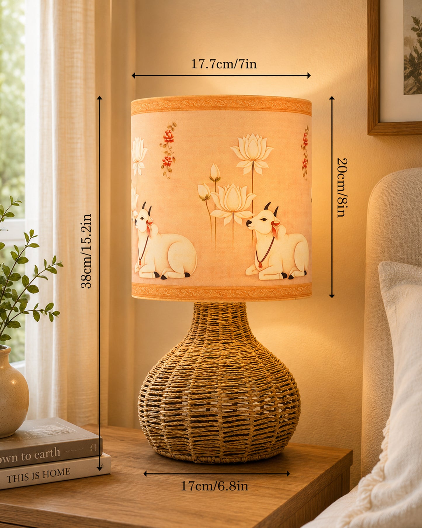 Homesake® Raffia Rattan Table Lamp, Small Nightstand Lamp with Linen Fabric Lampshade, Bedside Lamp for Bedroom, Living Room, Study & Livra Home Décor | Warm Ambient Lighting (Spinning, Jute)
