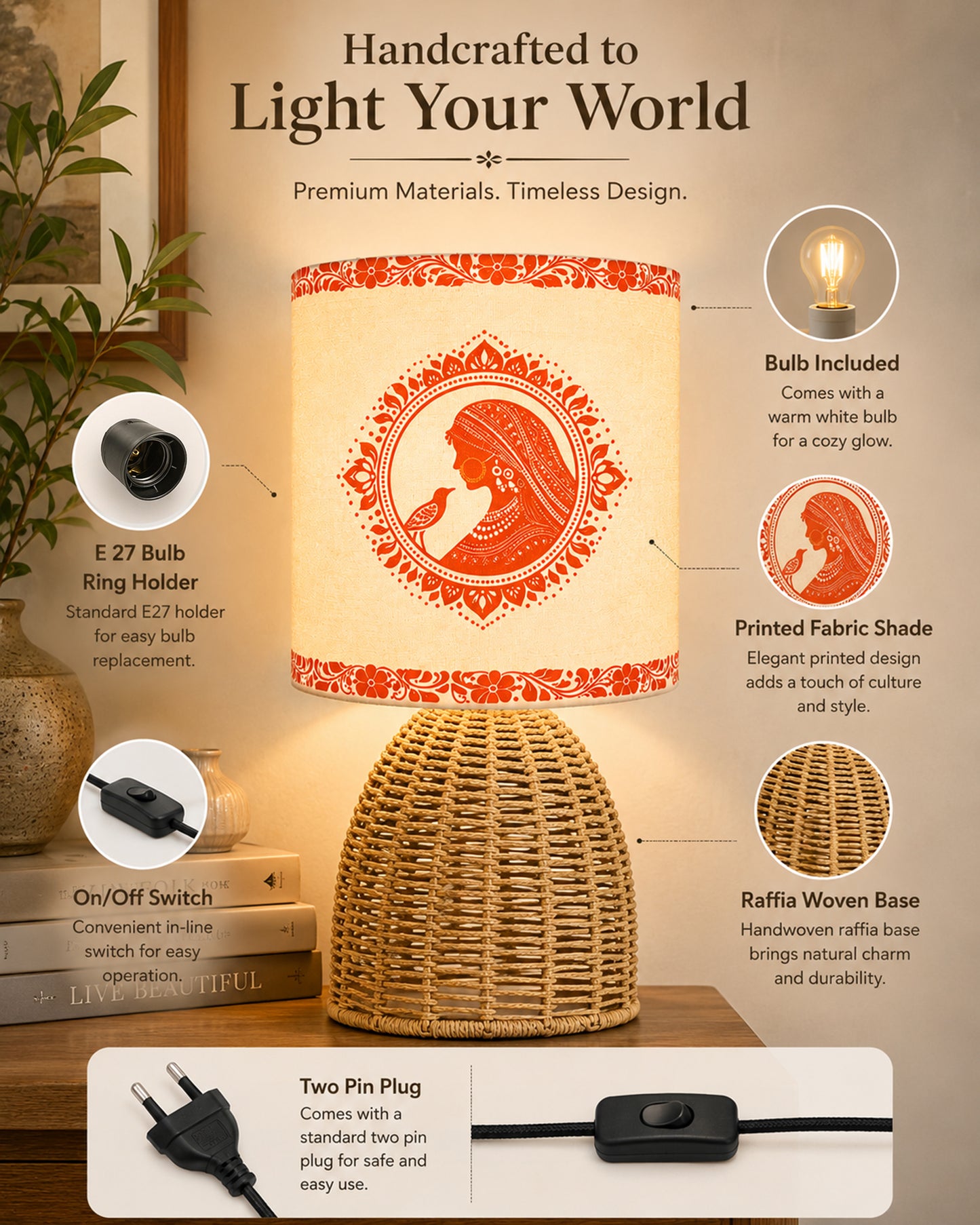 Homesake® Raffia Rattan Table Lamp with Fabric Shade, Small Nightstand Lamp, Natural Wicker Bedside Lamp for Bedroom, Living Room, Study & Home Décor, Livra Collection | E27 Holder