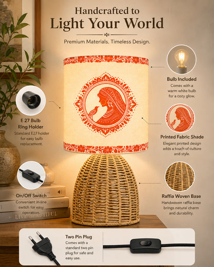 Homesake® Raffia Rattan Table Lamp with Fabric Shade, Small Nightstand Lamp, Natural Wicker Bedside Lamp for Bedroom, Living Room, Study & Home Décor, Livra Collection | E27 Holder