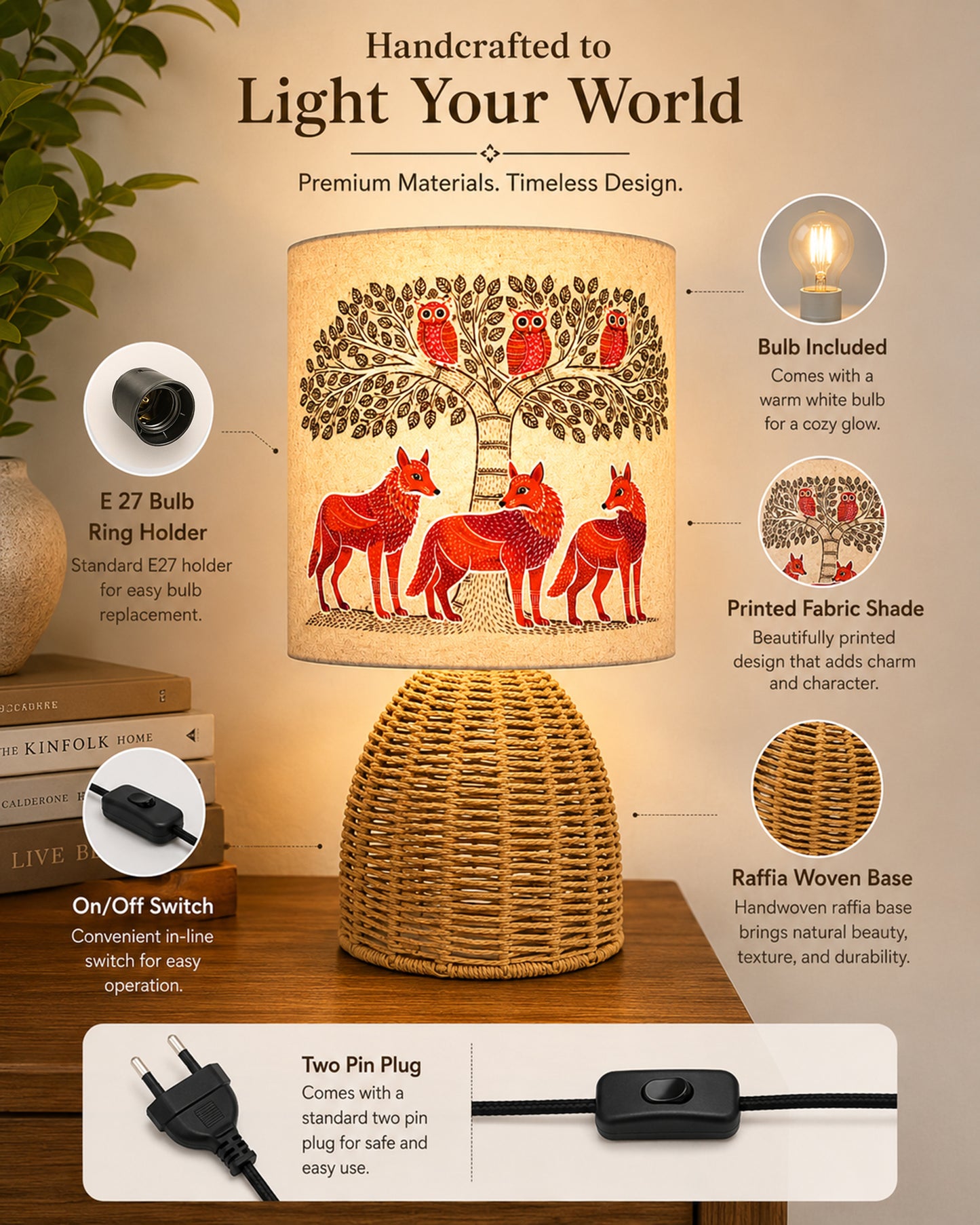 Homesake® Raffia Rattan Table Lamp with Fabric Shade, Small Nightstand Lamp, Natural Wicker Bedside Lamp for Bedroom, Living Room, Study & Home Décor, Livra Collection | E27 Holder