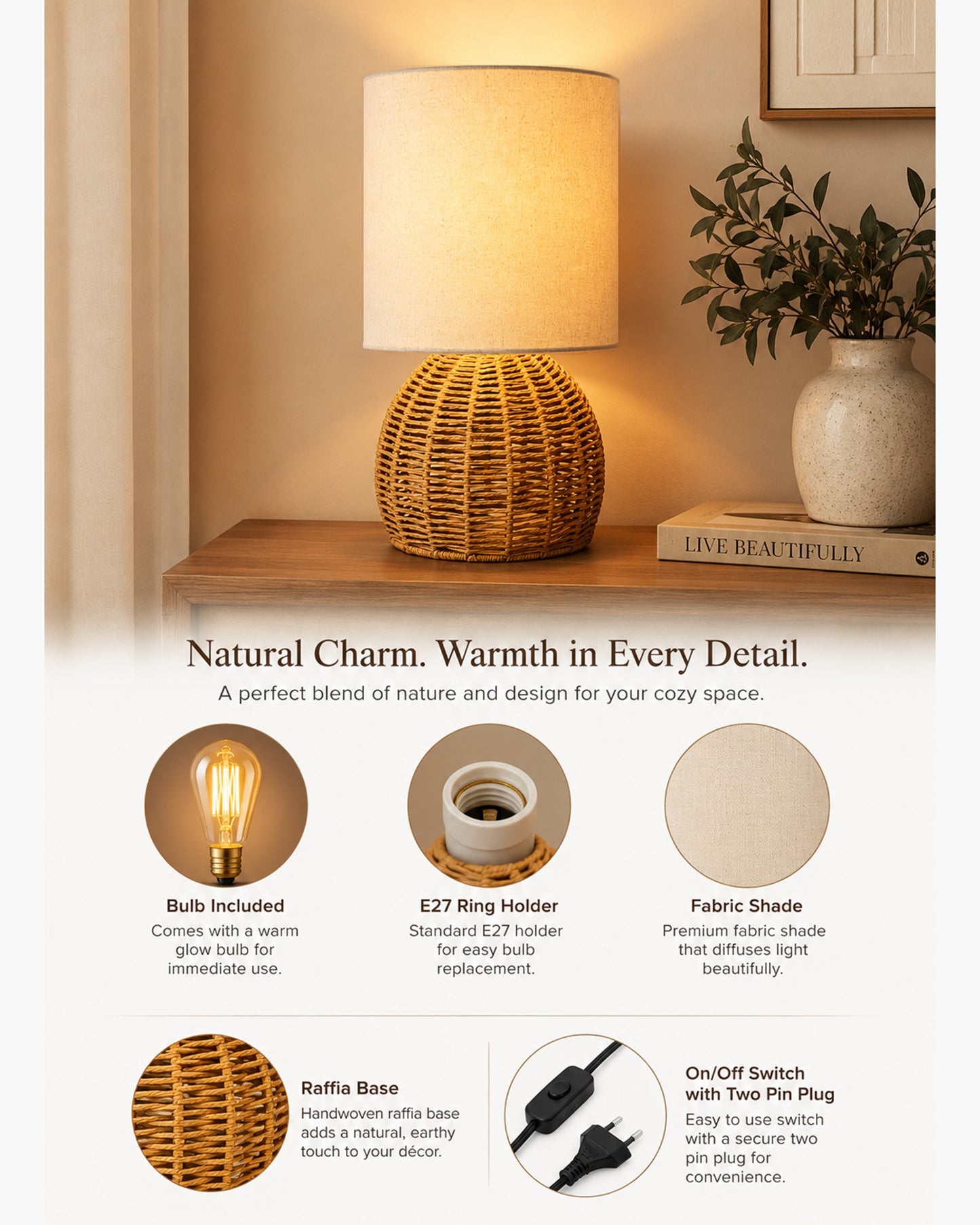Homesake® Shade Rattan Table Lamp for Bedroom & Living Room, Natural Wicker Bedside Lamp for Bedroom, Living Room & Home Décor, E27 Holder, Livra, Scandinavian, Minimal Style Lighting (Round, Jute)