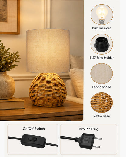 Homesake® Shade Rattan Table Lamp for Bedroom & Living Room, Natural Wicker Bedside Lamp for Bedroom, Living Room & Home Décor, E27 Holder, Livra, Scandinavian, Minimal Style Lighting (Round, Jute)