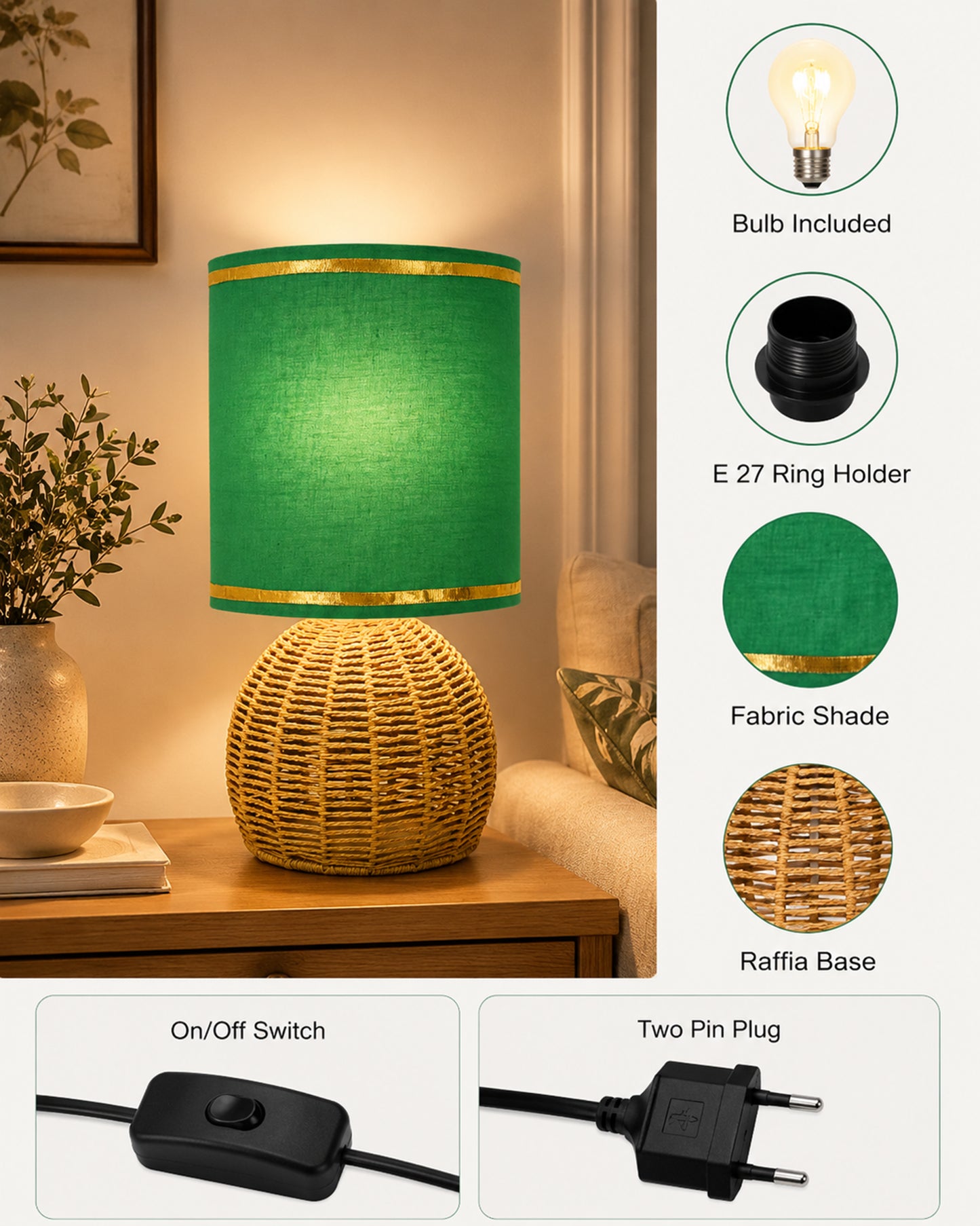 Homesake® Shade Rattan Table Lamp for Bedroom & Living Room, Natural Wicker Bedside Lamp for Bedroom, Living Room & Home Décor, E27 Holder, Livra, Scandinavian, Minimal Style Lighting (Round, Jute)