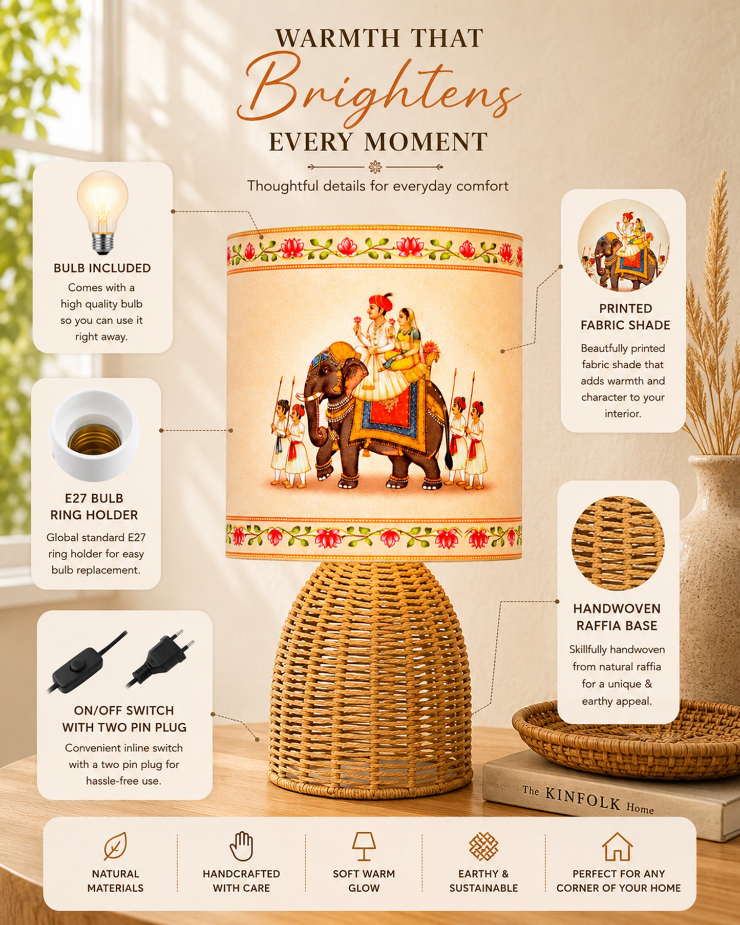 Homesake® Raffia Rattan Table Lamp with Fabric Shade, Small Nightstand Lamp, Natural Wicker Bedside Lamp for Bedroom, Living Room, Study & Home Décor, Livra Collection | E27 Holder