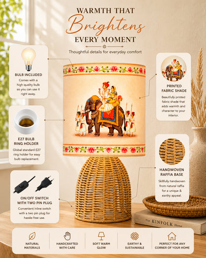 Homesake® Raffia Rattan Table Lamp with Fabric Shade, Small Nightstand Lamp, Natural Wicker Bedside Lamp for Bedroom, Living Room, Study & Home Décor, Livra Collection | E27 Holder