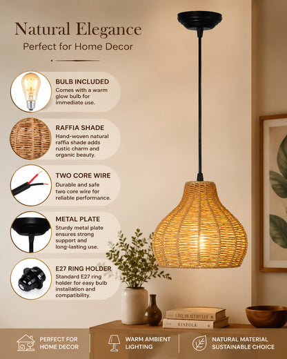 Seagrass Chandelier Hanging Lamp Natural Rattan Weaving Single Light Fixture Rustic Pendant Light for Kitchen Dining Room Restaurants Bars, Natural Texture, Bottle