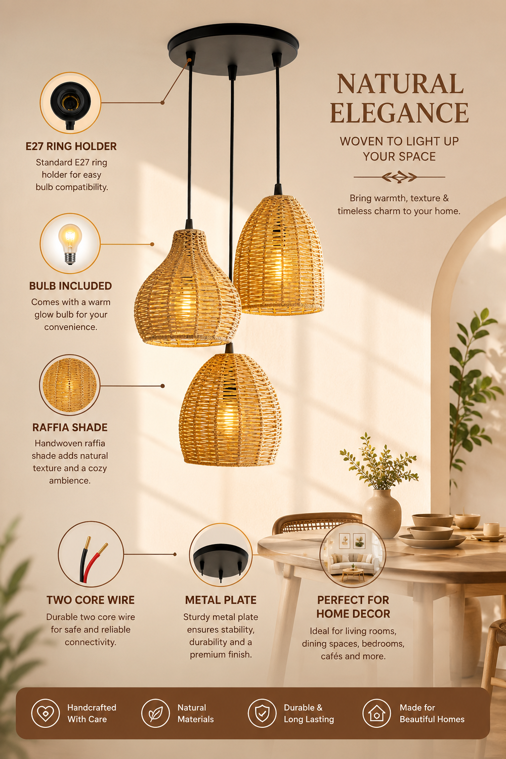 Seagrass Chandelier Hanging Lamp Natural Rattan Weaving Single Light Fixture Rustic Pendant Light for Kitchen Dining Room Restaurants Bars, Natural Texture, Bottle