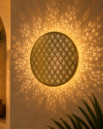 Moroccan Wall Round Light Shade, Engraved Wall Sconce Light Brass Finish