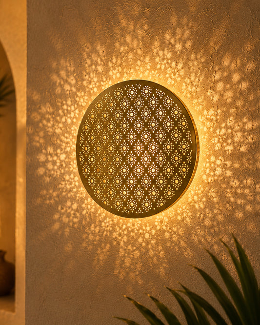 Moroccan Wall Round Light Shade, Engraved Wall Sconce Light Brass Finish