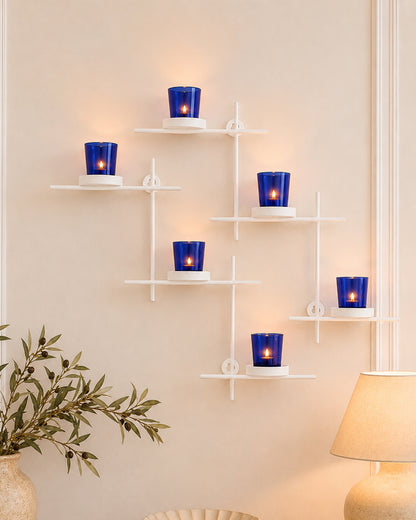 Homesake® White Scorching Ladder with Six Votive Blue, Wall Hanging Candle Tealight Holder, Set of 2