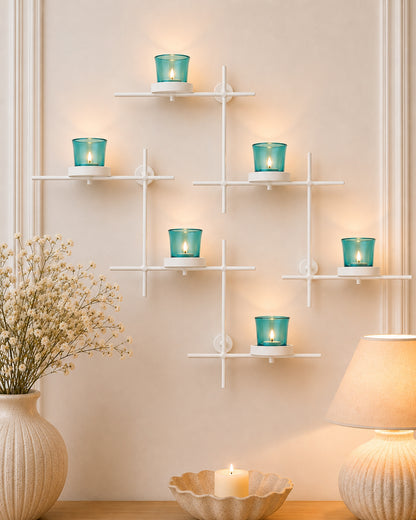 Homesake® White Scorching Ladder with Six Votive Blue, Wall Hanging Candle Tealight Holder, Set of 2