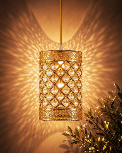 Homesake® Moroccan Crystal Hanging Pendant Light, Vintage Metal Jali Ceiling Lamp, Bulb Included for Living Room, Bedroom & Balcony, Warm Ceiling Light, Round