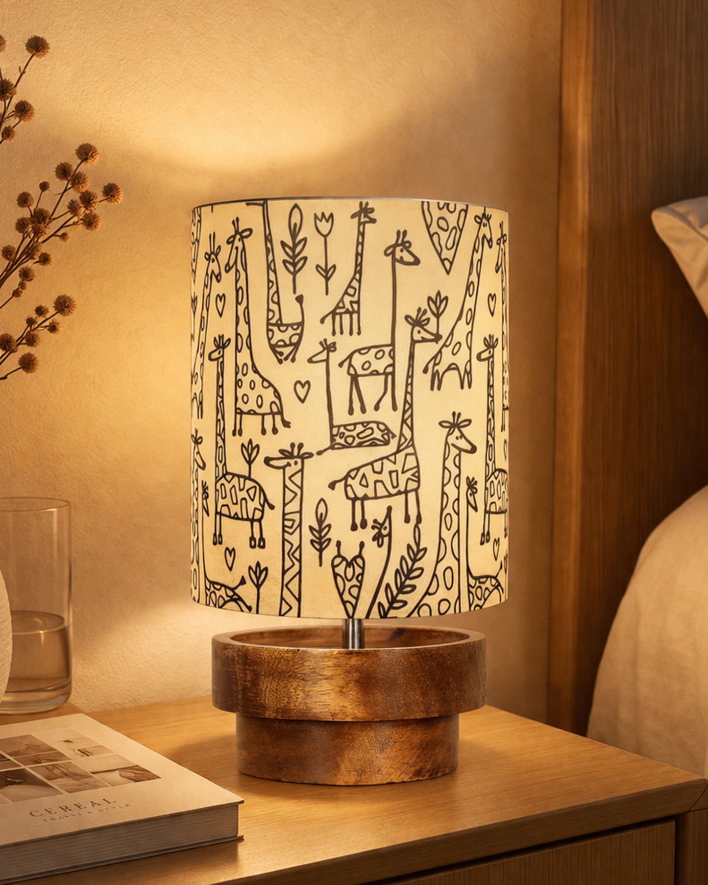 Modern Zen Wooden Lampshade Nightstand Lamps, Antique Base E27 Creative Reading Bedside Lamps Ideal for Bedroom, Concentric, Bird Cylinder
