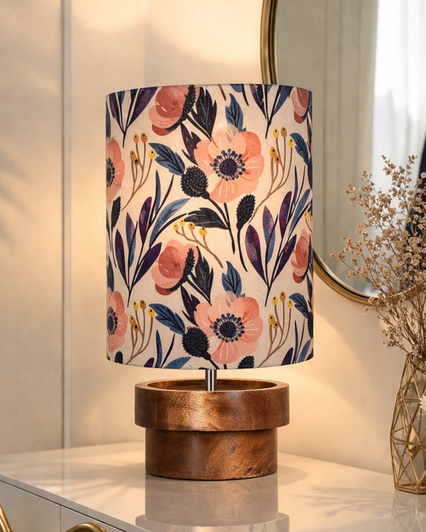 Modern Zen Wooden Lampshade Nightstand Lamps, Antique Base E27 Creative Reading Bedside Lamps Ideal for Bedroom, Concentric, Bird Cylinder