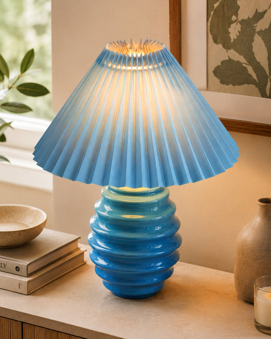 Homesake® Bedside Ceramic Table Lamp, Classic Desk lamp for Living Room Bedroom, Farmhouse Nightstand Lamps Ribbed with White Fabric Shade