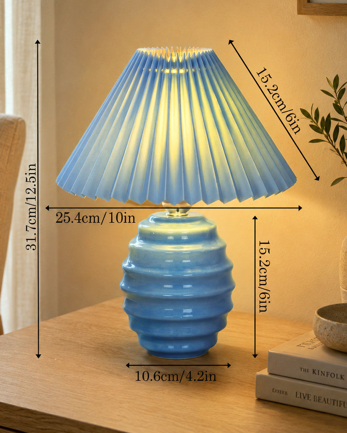 Homesake® Bedside Ceramic Table Lamp, Classic Desk lamp for Living Room Bedroom, Farmhouse Nightstand Lamps Ribbed with White Fabric Shade