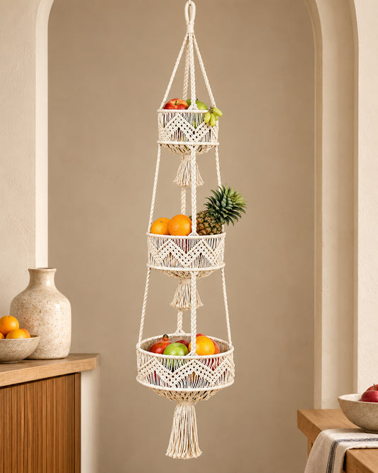 3 Tier Hanging Fruit Basket for Kitchen, Macrame Hanging Basket for Fruit and Vegetable Storage, Boho Wall Baskets for Organizing, Boho Decor for Indoor Plants, 46 Inches Long