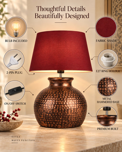Pot Antique Table Lamp Hammered Oil-Rubbed Bronze Metal Linen Drum Shade for Living Room Family Bedroom