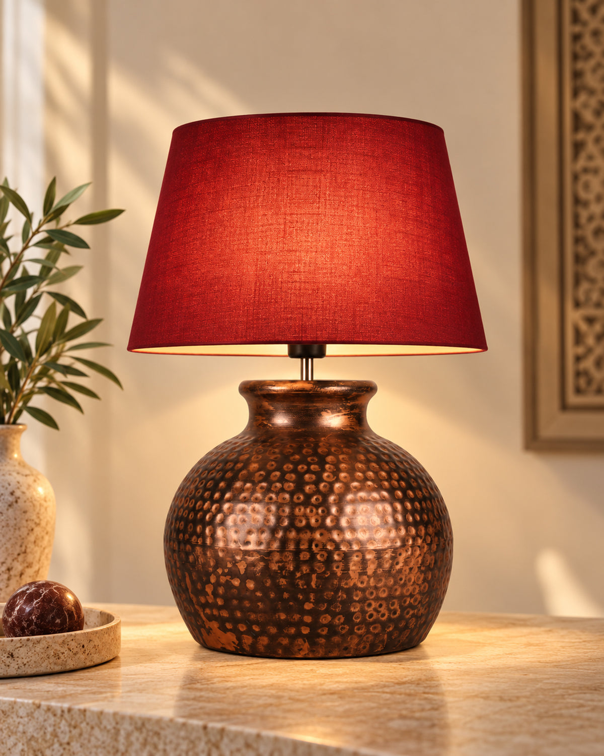 Pot Antique Table Lamp Hammered Oil-Rubbed Bronze Metal Linen Drum Shade for Living Room Family Bedroom