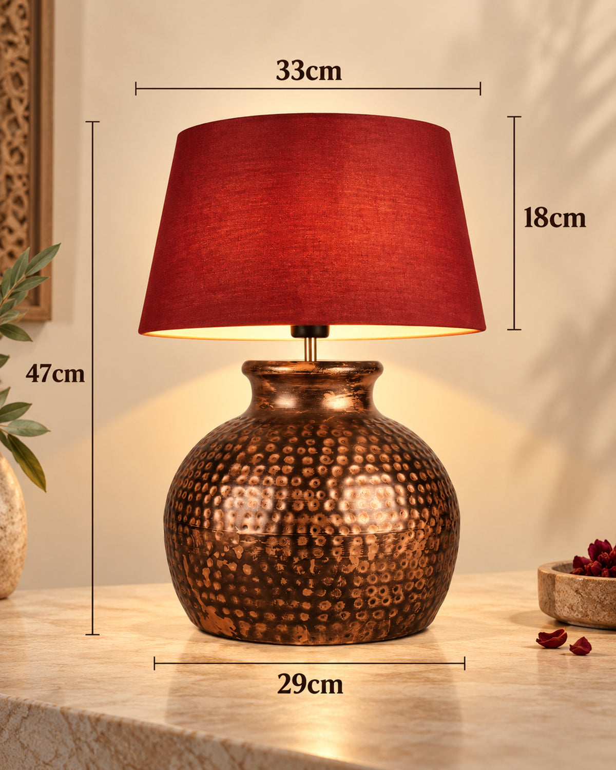 Pot Antique Table Lamp Hammered Oil-Rubbed Bronze Metal Linen Drum Shade for Living Room Family Bedroom