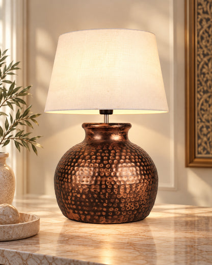 Pot Antique Table Lamp Hammered Oil-Rubbed Bronze Metal Linen Drum Shade for Living Room Family Bedroom