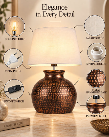 Pot Antique Table Lamp Hammered Oil-Rubbed Bronze Metal Linen Drum Shade for Living Room Family Bedroom