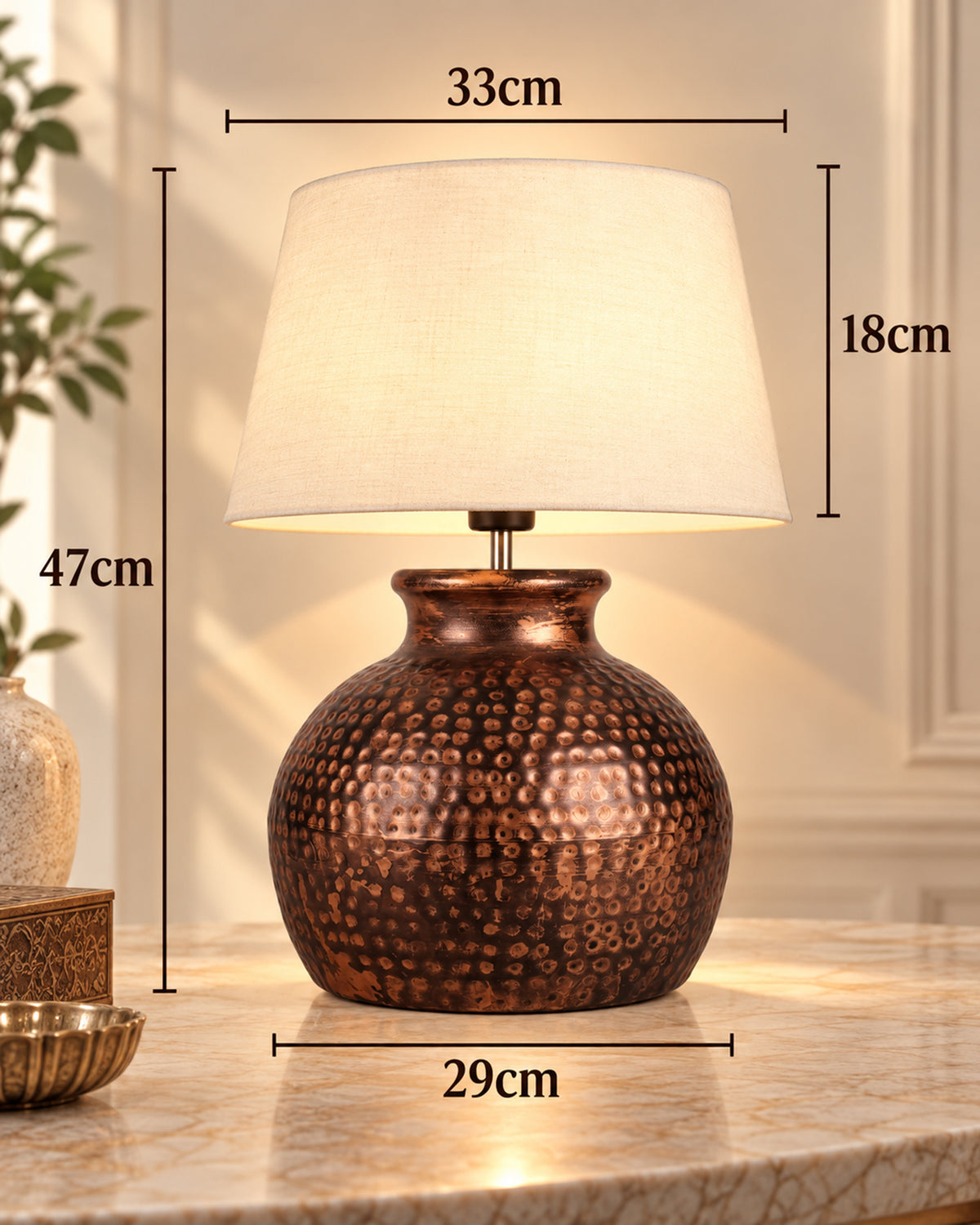 Pot Antique Table Lamp Hammered Oil-Rubbed Bronze Metal Linen Drum Shade for Living Room Family Bedroom