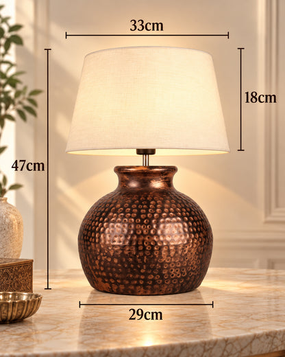 Pot Antique Table Lamp Hammered Oil-Rubbed Bronze Metal Linen Drum Shade for Living Room Family Bedroom