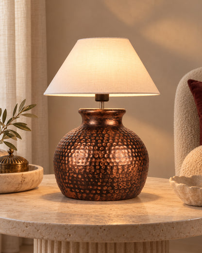 Pot Antique Table Lamp Hammered Oil-Rubbed Bronze Metal Linen Drum Shade for Living Room Family Bedroom