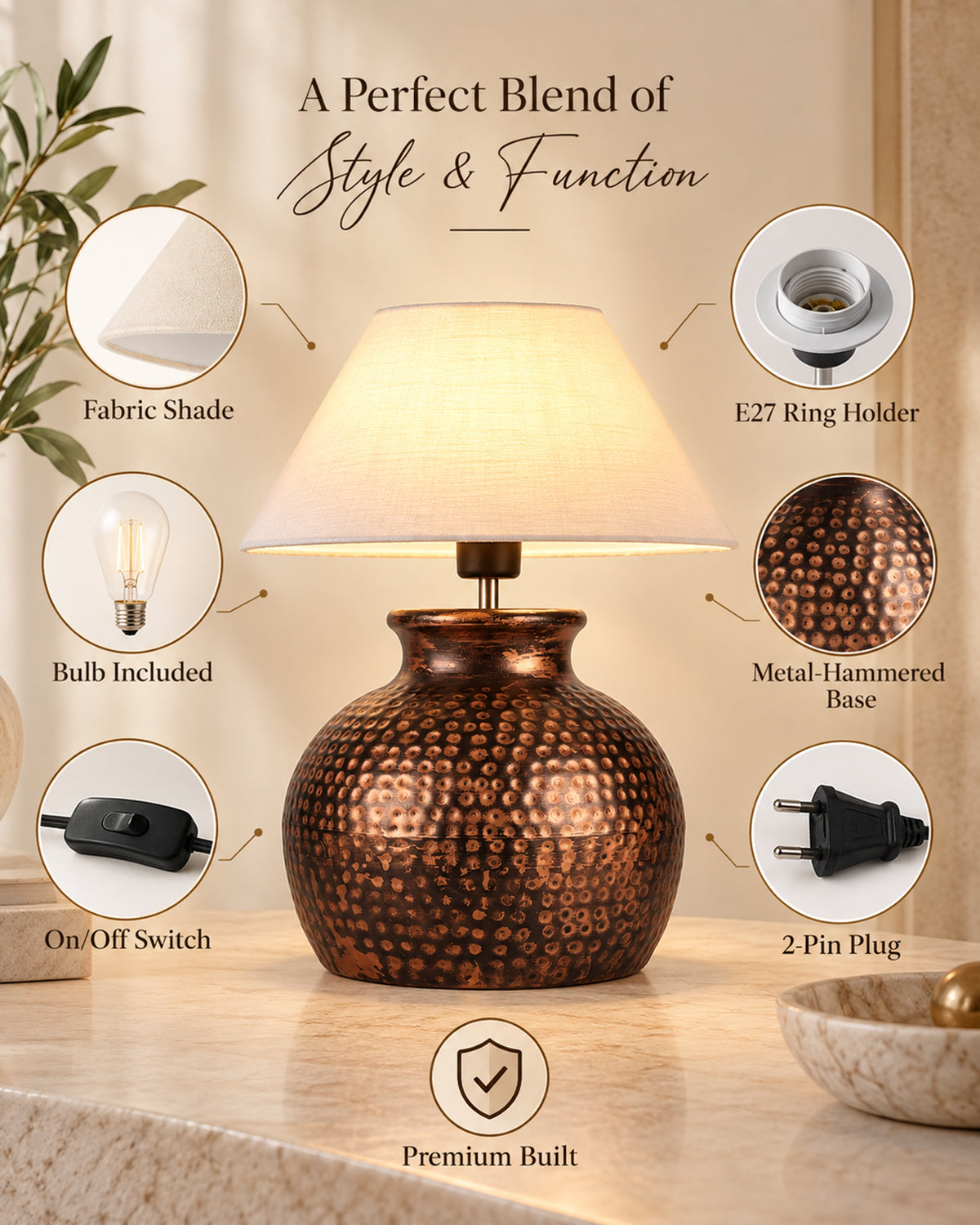 Pot Antique Table Lamp Hammered Oil-Rubbed Bronze Metal Linen Drum Shade for Living Room Family Bedroom
