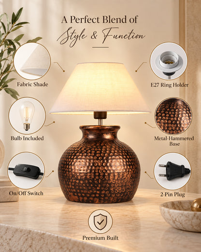 Pot Antique Table Lamp Hammered Oil-Rubbed Bronze Metal Linen Drum Shade for Living Room Family Bedroom
