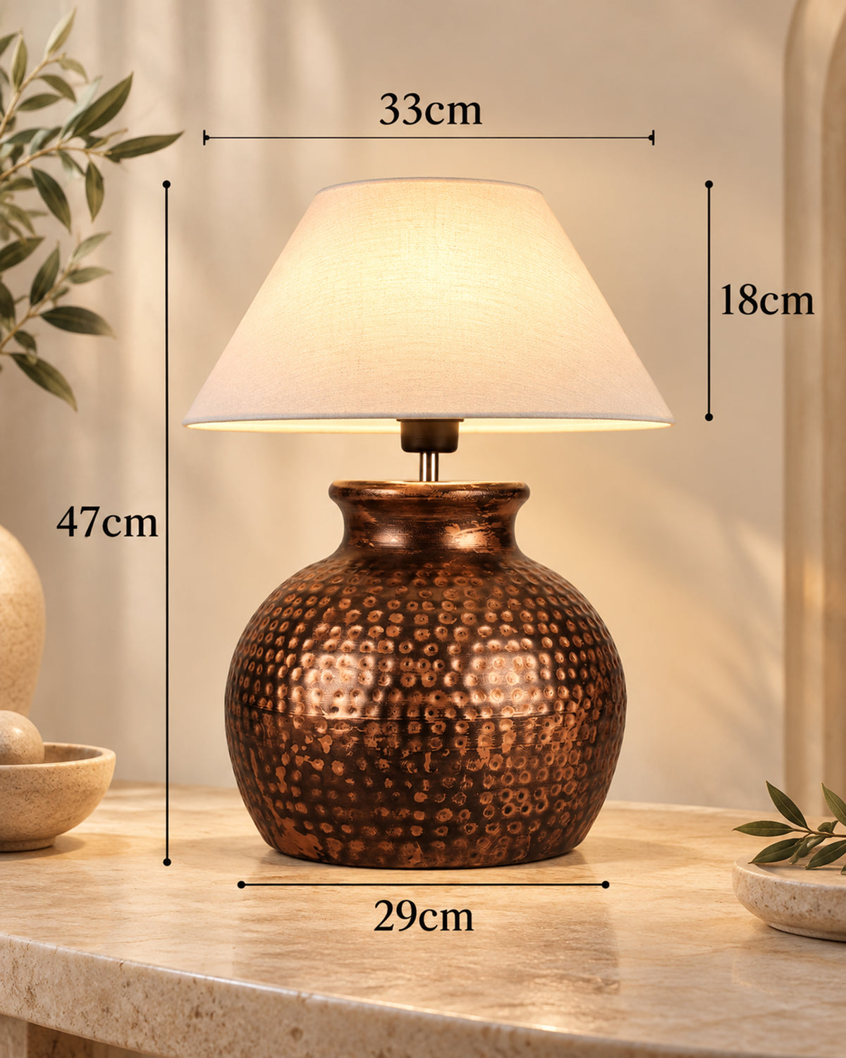 Pot Antique Table Lamp Hammered Oil-Rubbed Bronze Metal Linen Drum Shade for Living Room Family Bedroom