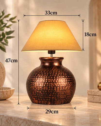 Pot Antique Table Lamp Hammered Oil-Rubbed Bronze Metal Linen Drum Shade for Living Room Family Bedroom