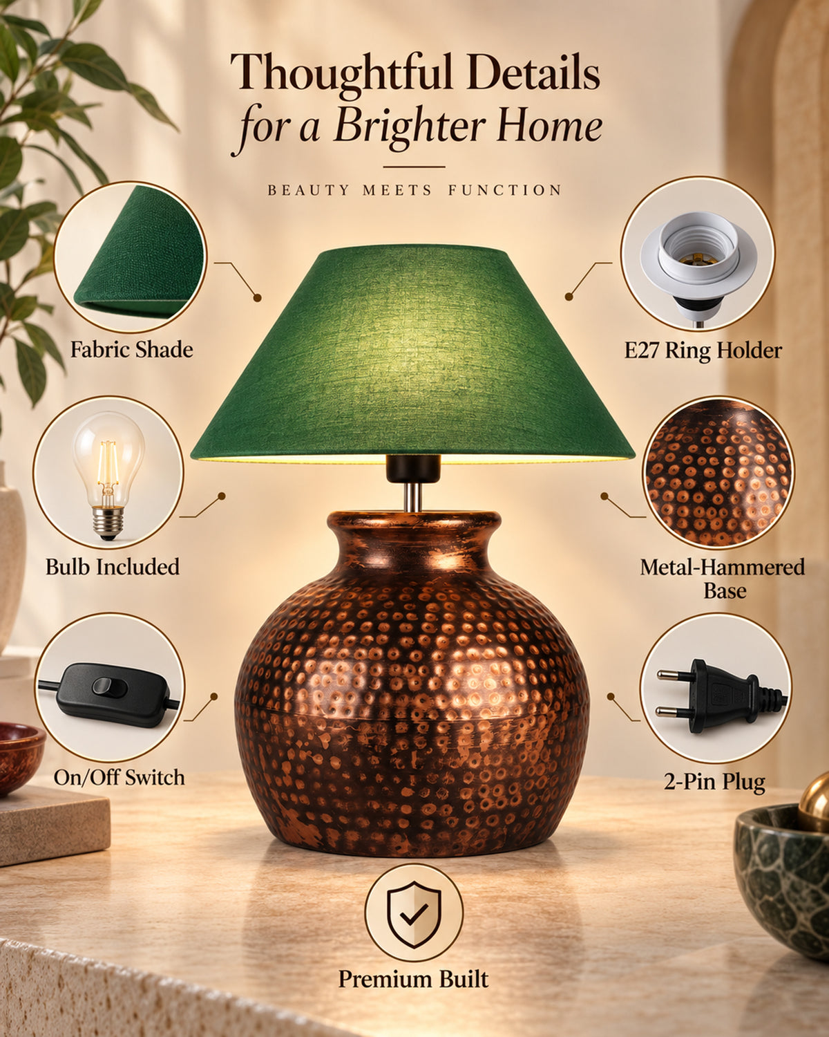 Pot Antique Table Lamp Hammered Oil-Rubbed Bronze Metal Linen Drum Shade for Living Room Family Bedroom