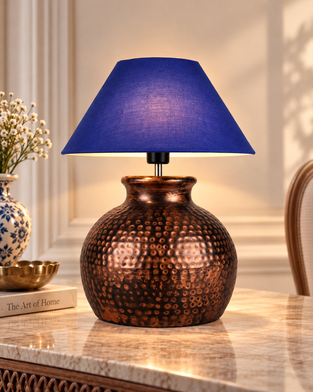 Pot Antique Table Lamp Hammered Oil-Rubbed Bronze Metal Linen Drum Shade for Living Room Family Bedroom