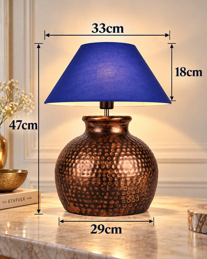 Pot Antique Table Lamp Hammered Oil-Rubbed Bronze Metal Linen Drum Shade for Living Room Family Bedroom