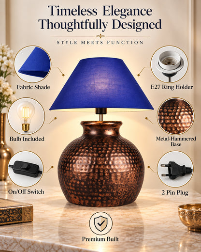 Pot Antique Table Lamp Hammered Oil-Rubbed Bronze Metal Linen Drum Shade for Living Room Family Bedroom