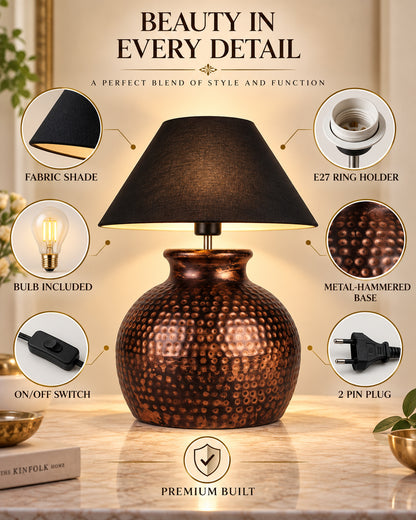 Pot Antique Table Lamp Hammered Oil-Rubbed Bronze Metal Linen Drum Shade for Living Room Family Bedroom