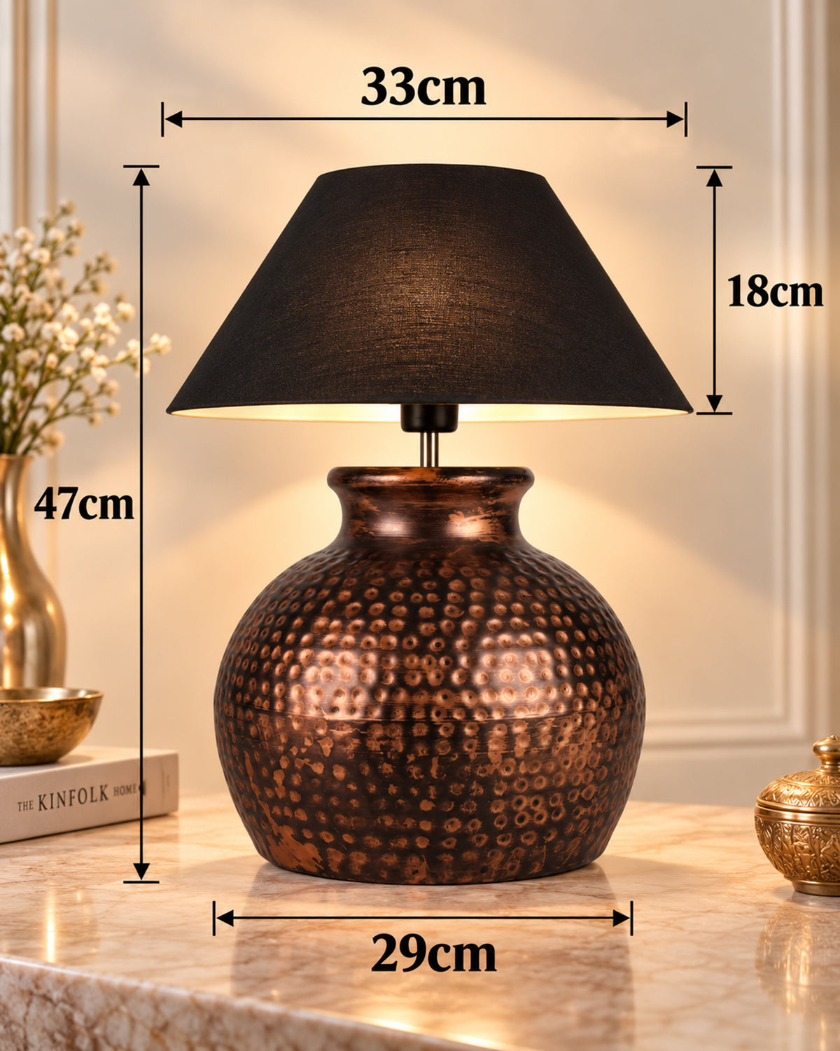 Pot Antique Table Lamp Hammered Oil-Rubbed Bronze Metal Linen Drum Shade for Living Room Family Bedroom