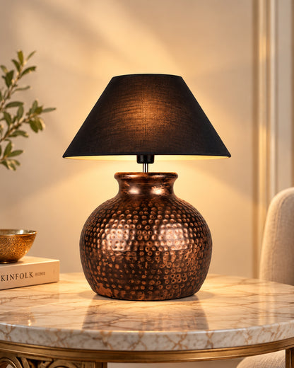 Pot Antique Table Lamp Hammered Oil-Rubbed Bronze Metal Linen Drum Shade for Living Room Family Bedroom