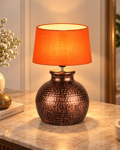 Pot Antique Table Lamp Hammered Oil-Rubbed Bronze Metal Linen Drum Shade for Living Room Family Bedroom